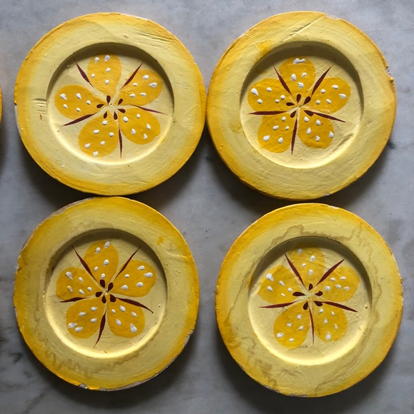Vintage Lemon Yellow Hand Painted Flower Wooden Coaster Set of 6 - Picture 2 of 4